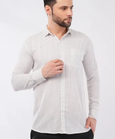 RetroWave Men’s Striped Linen Casual Shirt | White